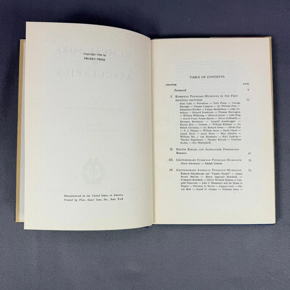 Froben Press Musical‎ Sons of Aesculapius Signed Antique Medical History Book